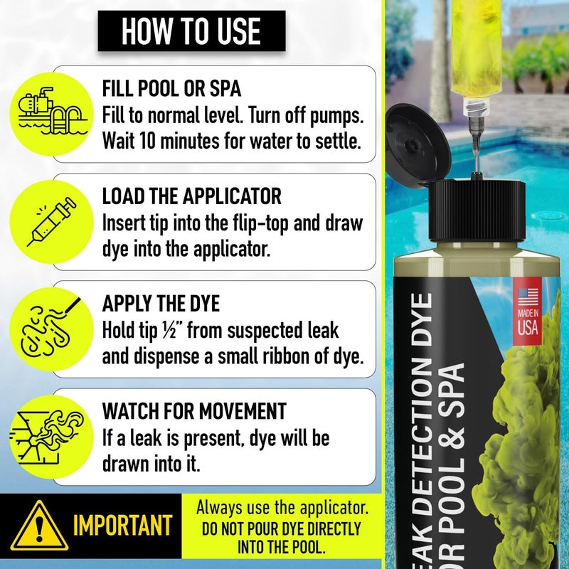 Escentile Pool Leak Detection Dye Kit - with 2 Precision Applicators - Made in USA - Superior Long Lasting UV Pool Dye Easily Locates Leaks - for All Pool, Spa, & Hot Tub Types - 8 OZ (Fluorescent Yellow) - Image 5